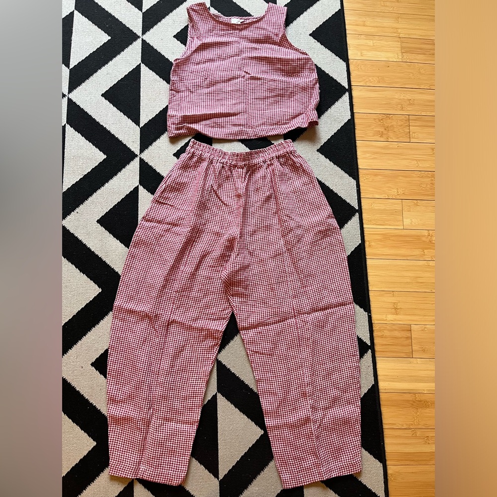 Mabel Micro Red Gingham Linen Trousers/Esme Linen Top Micro Red Gingham NWOT SET